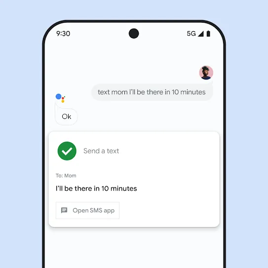 Visual of a smartphone screen with Google Assistant open, displaying a voice interaction to send a text to a family member.