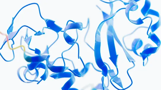 Blue protein structure against a white background