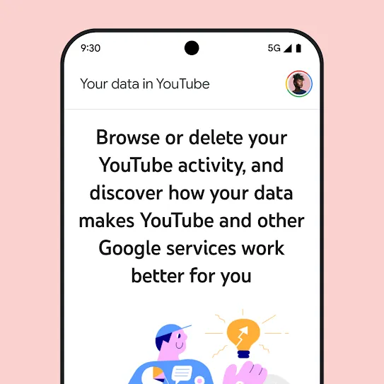 Visual of a smartphone screen with YouTube open, displaying an informational message about “Your data in YouTube” including details on browsing and deleting activity history.