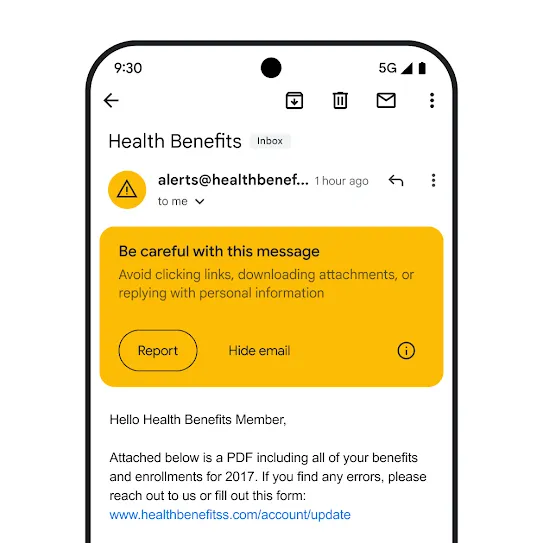 Visual of an email in Gmail on a smartphone screen, showing a security alert for a potential phishing attempt.