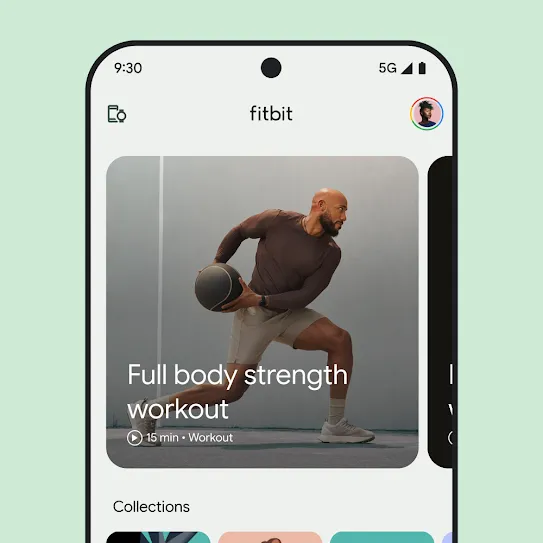 Visual of a smartphone screen with the fitbit app open, displaying an image for a full-body strength workout.