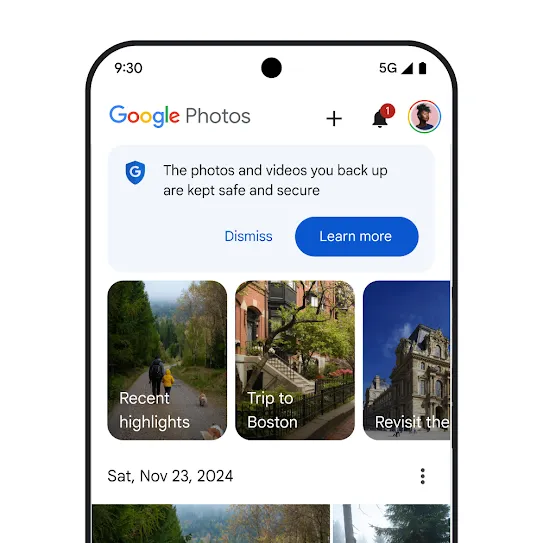 Visual of a smartphone screen with Google Photos open, displaying a security message that says, “The photos and videos you back up are kept safe and secure” with a link to learn more.