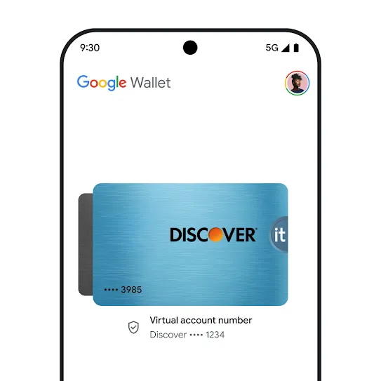 Visual of a smartphone screen with Google Wallet open, displaying an image of a credit card accompanied by a virtual account number and an icon for a successful and secure transaction.
