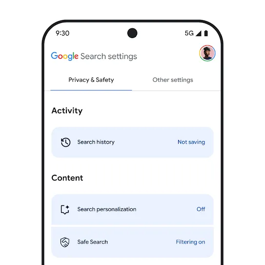 Visual of Google Search settings on smartphone screen, including settings for Search history, Search personalization, and Safe Search.