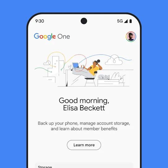 Visual of a smartphone screen with Google One open, displaying a personalized welcome message and an informational message about account storage, including phone backups and member benefits, with a link to learn more.