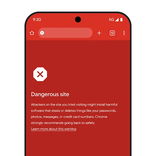Visual of a smartphone screen using the Chrome browser, showing an alert about a dangerous site, including recommended next steps and a link to learn more about this warning. 