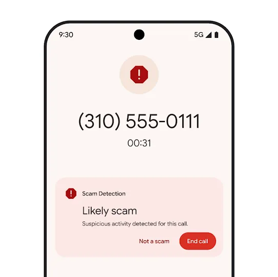 Visual of a Pixel smartphone home screen displaying a notification of an automatically declined spam call.