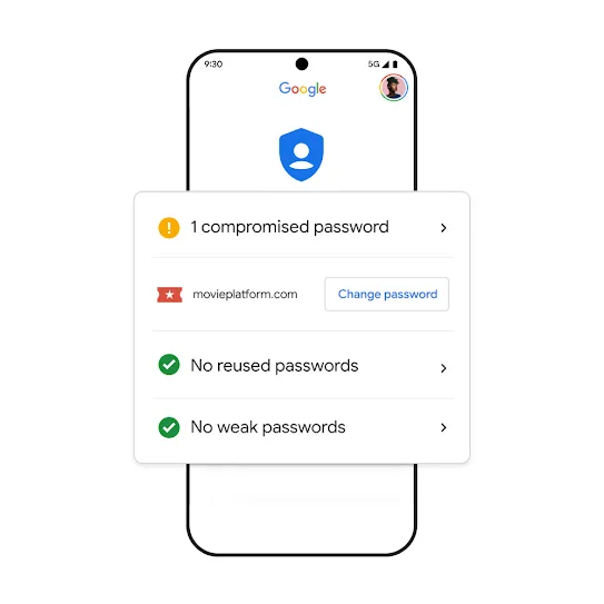 Google phone image with compromised password results.