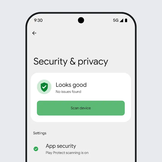 Visual of a smartphone screen running Android OS with the Security & Privacy settings open, displaying the results of a device scan and app security settings.