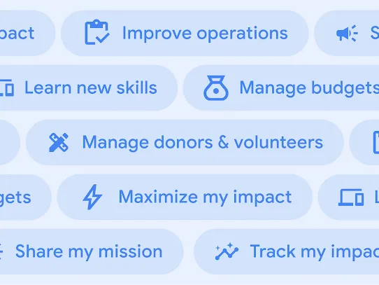 A screen displays several light blue buttons with text and icons, such as "Improve operations," "Learn new skills," and "Manage budgets."